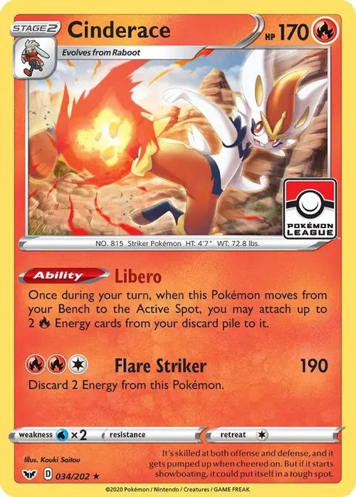 Cinderace - 034/202 (Pokemon League) card art