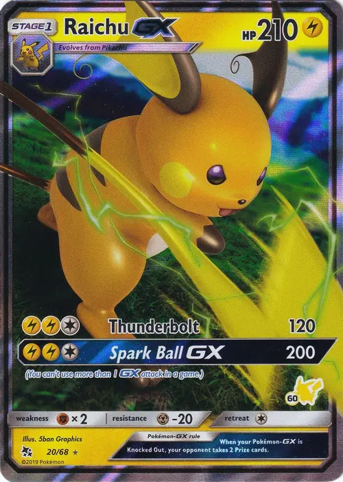 Raichu GX - 20/68 (#60 Pikachu Stamped) card art