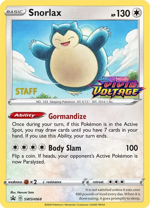 Snorlax - SWSH068 (Prerelease) [Staff] card art