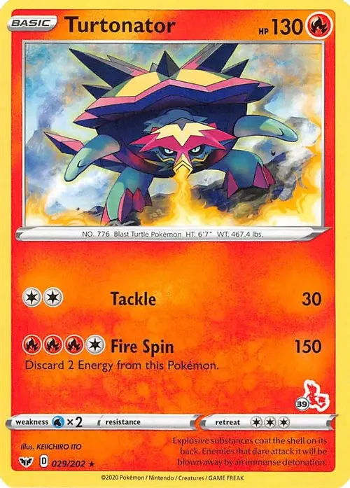 Turtonator - 029/202 (#39 Cinderace Stamped) card art