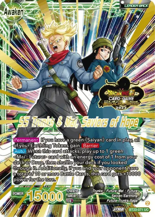 Trunks & Mai // SS Trunks & Mai, Saviors of Hope (2023 Worlds ZENKAI 06 Leader Set) card art
