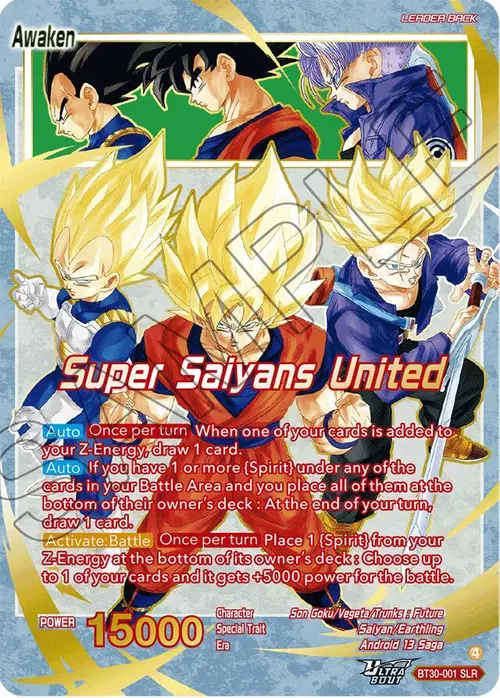 Son Goku, Vegeta, & Trunks // Super Saiyans United (SLR) card art